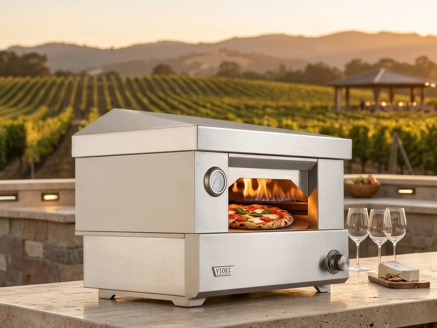 A Videl stainless steel countertop gas pizza oven, lit, on an outdoor counter