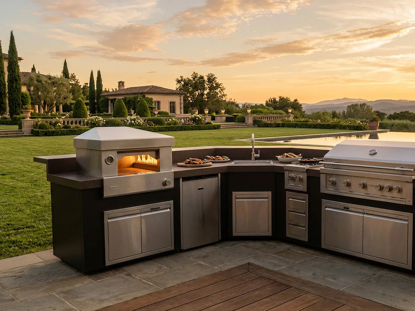 A Videl gas pizza oven built into an outdoor kitchen run alongside a Videl grill